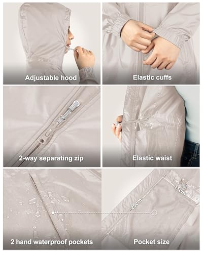 33,000ft Women's Waterproof Long Rain Coats Packable Rain Jacket with Hood - color: Beige, size: Large