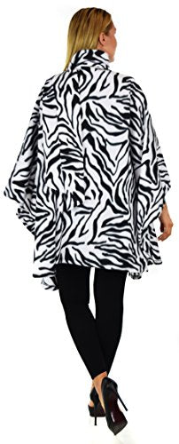 Dare2BStylish Women Poncho Style Fleece Cover Up with Muffler - color: Zebra