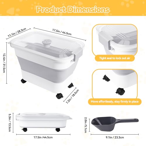 Dog Food Storage Container 25-30lbs, Airtight Pet Food Bin with Transparent Lid, Collapsible Design with Rolling Wheels & Scoop, Space-Saving, Light Gray - color: Light Gray-M