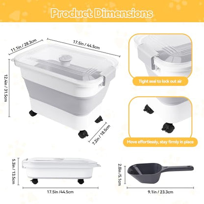 Dog Food Storage Container 25-30lbs, Airtight Pet Food Bin with Transparent Lid, Collapsible Design with Rolling Wheels & Scoop, Space-Saving, Light Gray - color: Light Gray-M