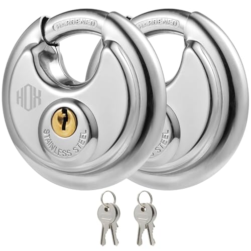 HOX Keyed Disc Padlock, Stainless Steel Keyed-Alike Padlocks, 2-Pack Heavy Duty Locks, Waterproof Outdoors Lock with 3/8 Inch Shackle, 2-3/4 Inch Wide Body, for Hasp Latch, Fences, Storage Locker - color: DP-2P