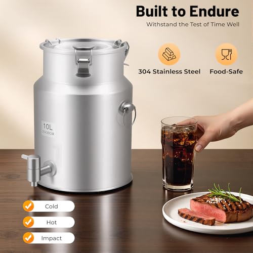 304 Stainless Steel Milk Can with Spigot, 2.64 Gallon, Sealed Lid, Liquid Storage for Milk, Wine and More
