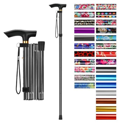 supregear Folding Cane, 5-Level Adjustable Height Walking Stick Lightweight Collapsible Portable Travel Cane with Wrist Strap and T Handle for Elderly Disabled Men Women - color: Dark Grey