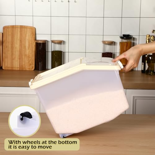 Sunnyray 4 Pcs Rice Storage Container Bulk 27.6 lb Airtight Flour Container with Wheels and Lids Measuring Cup Clear Pet Food Dog Birds Cat Food Bin Grain Cereal Organizer Box(Cream) - color: Cream