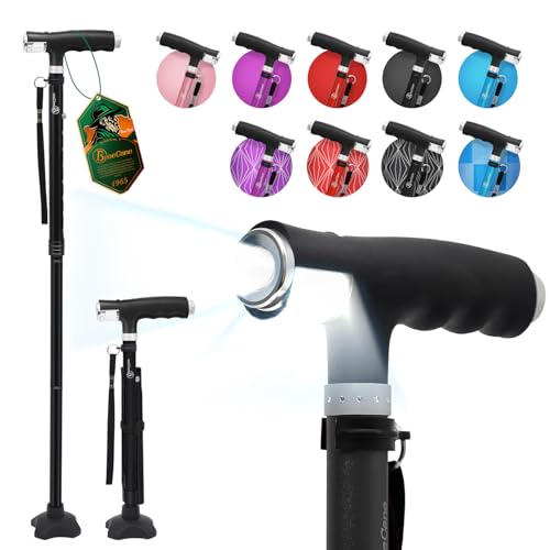 BeneCane Walking Cane for Women Folding Cane for Men with Two Led Lights Quad Cane with Stable Base Lightweight and Adjustable Walking Stick - color: Black
