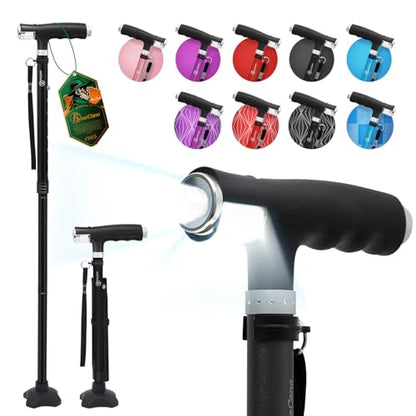 BeneCane Walking Cane for Women Folding Cane for Men with Two Led Lights Quad Cane with Stable Base Lightweight and Adjustable Walking Stick - color: Black