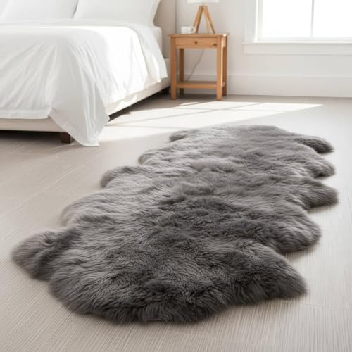 Premium Gray Sheepskin Rug Genuine Fur Bedside Runner 2x6ft - Great for Soothing Feet - Ethically Sourced Sheep Fur Rugs - Sheepskins Wool Runner - color: Grey, size: 2' x 6' (Natural)