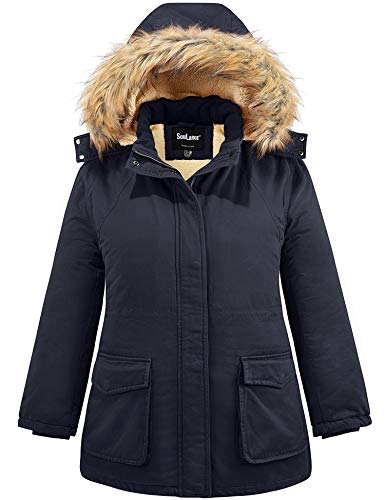 Soularge Women's Winter Plus Size Sherpa Lined Jacket with Hood | Women's Plus Size Workwear Fit,100% Cotton Outer Shell,Soft Fleece Lining,Windproof Stand Collar - color: Navy, size: 2X