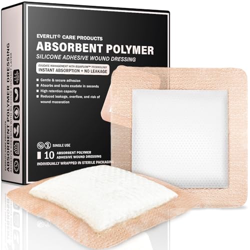 EVERLIT Super Absorbent Polymer Wound Dressing | Silicone Self-Adhesive Bandages with Ultrasorb Matrix for High Retention | 4" x 4" Sterile Adhesive Dressings Pack of 10 - size: 4" x 4"