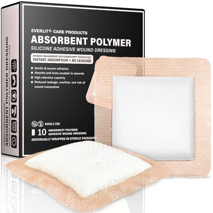 EVERLIT Super Absorbent Polymer Wound Dressing | Silicone Self-Adhesive Bandages with Ultrasorb Matrix for High Retention | 4" x 4" Sterile Adhesive Dressings Pack of 10 - size: 4" x 4"