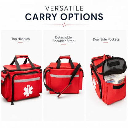 NOVAMEDIC Professional Red Empty Trauma First Aid Medical Bag, 15"x10"x9", Multi Compartment First Responder Carrier for EMT, Paramedics, Emergency and Medical Supplies Kit