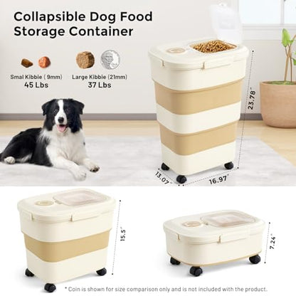 ZOMISIA 40-50lbs Collapsible Dog Food Storage Container with Wheels, Khaki - color: Khaki