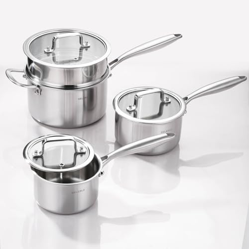 DELARLO Tri-Ply Stainless Steel Saucepan 1QT 2QT 3.5QT Kitchen Pot Set - color: Silver, size: 1QT+2QT+3.5QT With Steamer