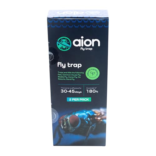 Aion Fly Trap Outdoor 2-Pack - Sticky Fly Catcher with Protein-Based Attractant - Catches House Flies, Stable Flies, Horse Flies, No-See-Ums, Sand Flies - Lasts 30-45 Days - No Chemicals