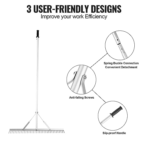 VEVOR Landscape Rake 36" Head Aluminum Landscape Rake 75" Long Handle | For Loosening Soil, Lawn Care, Weeding Lake, Garden, Extended Cleaning Reach, Effortless 3-Step Setup, Durable and Waterproof - size: 75 inch