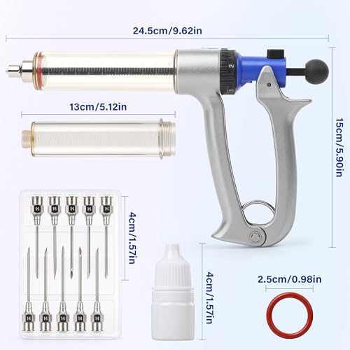 50ML Livestock Syringe, 5 Gears Adjustable Semi Automatic Livestock Syringe, Repeating Luer Lock for Cattle Cow Sheep Pig Chickens Ducks Goose
