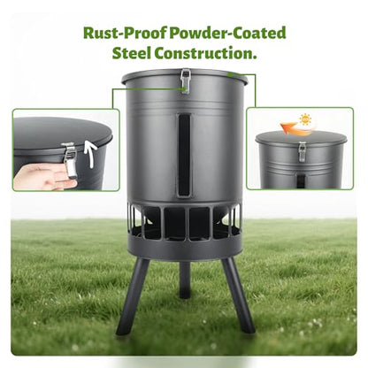 KOL 50LB Metal Chicken Feeder - No Waste, No Clog Design with 16 Ports & Smooth Gravity-Flow, Powder Coated Rust-Proof for Coop Use (Black) - color: Black