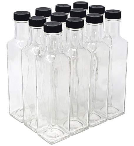 nicebottles Clear Glass Quadra Bottles, 250ml, Black Caps (8.5 Fl Oz) - Case of 12 - size: 12 x 250ml