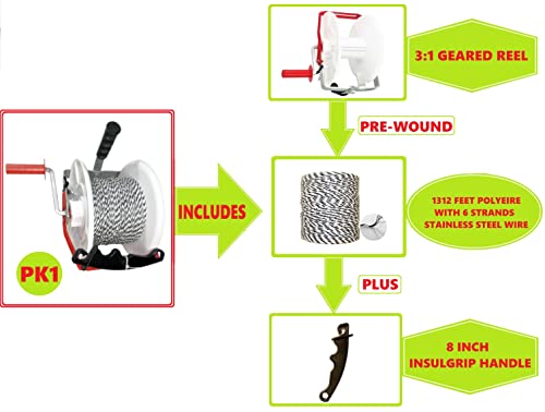1 Pack 3:1 Geared Electric Fencing Standard Reel with 1312ft Premium Polywire 6 Conductors Plus 1 Free 8 inch Insulgrip - size: 6 conductors x 1312 feet x 1 standard reel