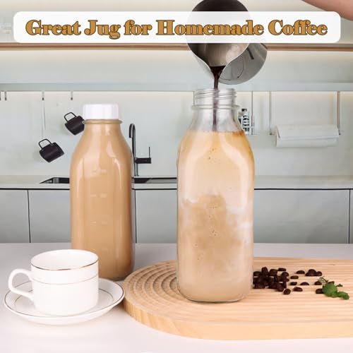32 oz Glass Milk Bottles 4 Pack Quart Refrigerator Water Container | Reusable Juice Pitchers with Nut Milk Bag & 2 Airtight Lids & 2 Pour Spout & Brush, Drinking Jars for Coffee Smoothie