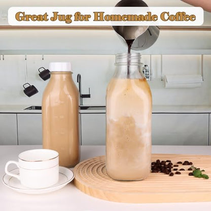 32 oz Glass Milk Bottles 4 Pack Quart Refrigerator Water Container | Reusable Juice Pitchers with Nut Milk Bag & 2 Airtight Lids & 2 Pour Spout & Brush, Drinking Jars for Coffee Smoothie