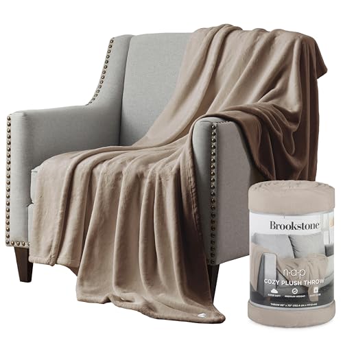 Brookstone Nap Plush Throw Blanket for Couch | Warm & Super Soft Blanket with Unmatched Heavy, Dense, and Ultra-Comfy Throw | Luxurious Drape, Cozying Up on a Sofa, Chair | Taupe - color: Taupe