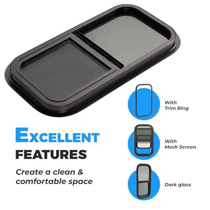 HECASA 12" W x 24" H Universal RV Window Vertical Slide Teardrop Window W/ | Trim Ring and Net Screen Tempered Glass Aluminium Plastic Rubber (2PCS) - size: 12" W x 25" H
