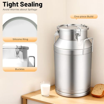 10 Gal Stainless Steel Milk Can with Airtight Lid, 40L Heavy Duty Sealed Bucket for Liquid and Grain Storage for Home Brewing Farm Kitchen Use