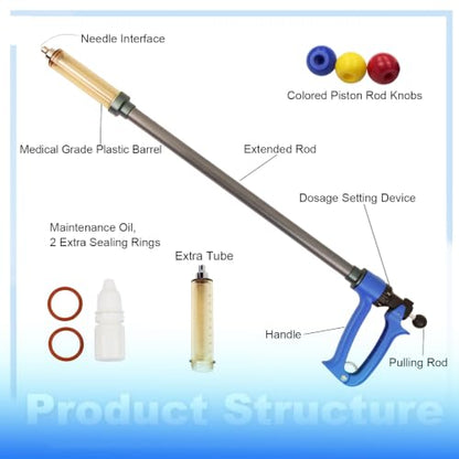 50ML Long-Handled Semi Automatic Livestock Syringe Long Arms Vaccine Gun | Long Handle Cattle Syringe, 5 Gears Dosage Adjustable Luer Lock Syringe, Continuous Repeating Veterinary Syringe