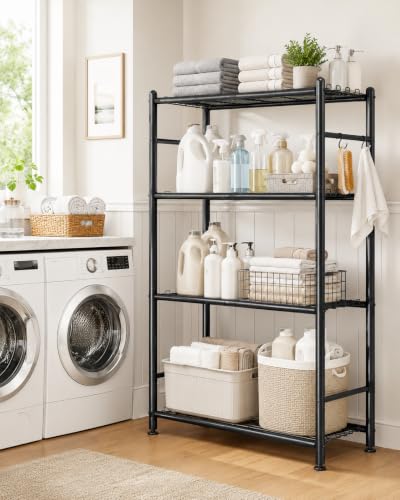 APEXCHASER Metal Storage Shelves 4-Tier, Wire Shelving Unit for Kitchen | Sturdy Metal Wire Frame with Side Hooks, Open Wire Design for Pantry Garage - size: 4-Tier