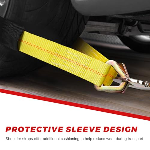 2" × 29" Premium Axle Tie Down Strap with D Rings, Heavy Duty Auto Axle Tow Strap with Protective Sleeve, 6614 Lbs Tire Wheel Tie-Down Straps for Securing Vehicle Transport (Yellow) - color: Yellow