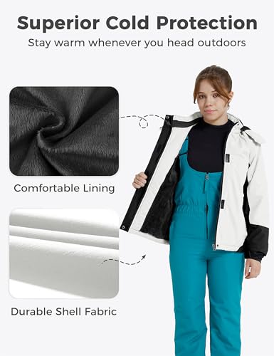 wantdo Girls Winter Ski Coat Fleece Snowboarding Jacket Waterproof 10000mm | Removable Hood, Chest Pocket, Fleece Lining, Windproof, Machine Washable - color: White, size: 14-16