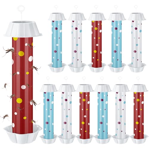12 Pcs Sticky Fly Trap Fly Stick Indoor Outdoor Long Lasting Adhesive Fly Catcher with Hanging Hook for Wasps Gnats Bugs Insects Moths Fruit Flies Mosquitoes Spiders Fleas (White, Blue, Red) - color: White, Blue, Red