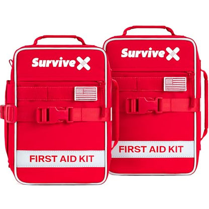 SurviveX Large First Aid Kit, Emergency Kit for 3-4 People, Pack of 2 | Labeled Pockets, Zip Stitch Wound Closures, Mountable, Quick Access, For Home, Car, Camping - size: Large (Pack of 2)