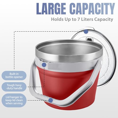 COKTIK 7L Vacuum Insulated Ice Bucket with Lid and Scoop& Tongs，Large capacity Stainless Steel Beverage Bucket for Cocktail, Champagne, Wine, Beer，Large Parties（Red Suit） - color: Red Suit