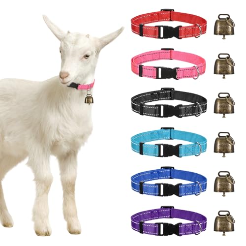 Generic 1-Set Reflective Goat Collars with Bell, 13.8"-20.5" Polyester Adjustable Pet Collar with Anti-Lost Grazing Copper Bell for Small Farm Animal/Sheep/Cow/Goat [Multicolor]