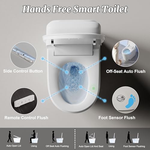 Smart Bidet Toilet with Tank Foam Shield Dual Auto Flush/Lid&Seat | Foot Sensor UV-C light Electric Modern One Piece Toilet for Bathroom with Siphon Dual Flush 0.8/1.2 GPF MAP 1000g - color: Snow White
