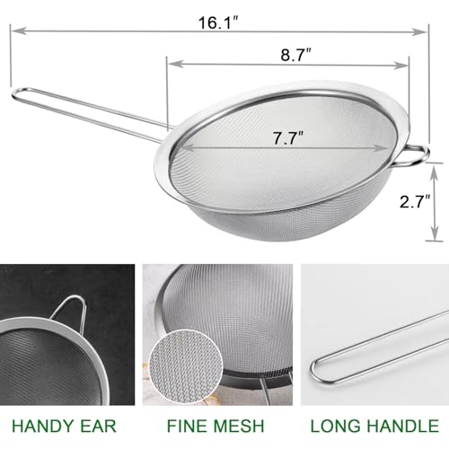 Large Fine Mesh Strainer, 8.7” Stainless Steel Strainers with Handle, Bonus 20x20 Inch Reusable Unbleached Cotton Cheese Cloths with 4 Hemmed Edges, Sieve Sifter for Straining, Cooking, Baking