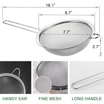 Large Fine Mesh Strainer, 8.7” Stainless Steel Strainers with Handle, Bonus 20x20 Inch Reusable Unbleached Cotton Cheese Cloths with 4 Hemmed Edges, Sieve Sifter for Straining, Cooking, Baking