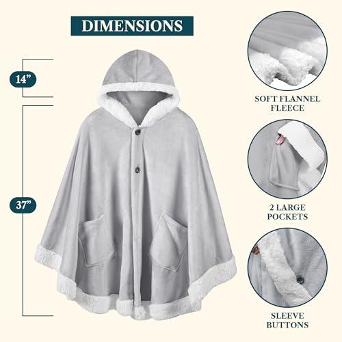 PAVILIA Hooded Blanket Poncho Fleece Wearable Shawl Wrap Throw, Light Grey | Fleece Shawl Wrap with Hood, Adult Wearable Blanket, Cozy Warm Poncho Cape Throw with Pockets, Gift for Elderly Mom - color: Light Grey