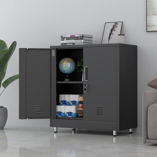 JINGUR Metal Storage Cabinet with Locking Doors and Adjustable Shelf, Small Lockable Sideboard Buffet Cabinet for Home Office Hallway Entryway Living Dining Room (Black) - color: Black