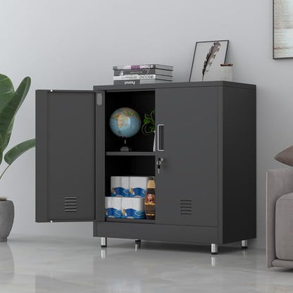 JINGUR Metal Storage Cabinet with Locking Doors and Adjustable Shelf, Small Lockable Sideboard Buffet Cabinet for Home Office Hallway Entryway Living Dining Room (Black) - color: Black