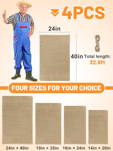 4Pcs 24"x40" Breathable Natural Burlap Bags with Rope for Potato Storage | Reusable, Thickened Jute Food Storage Sacks, Helps Potatoes/ Onions/ Root Vegetables Stay Fresh - size: 24'' x40''