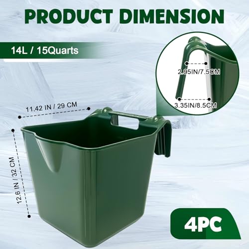 Horse Feed Bucket, 15 Quart Plastic Stall Hook Over, Green 4-Pack