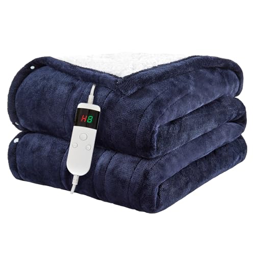 Heated Blanket Electric Throw, 50"x60" Soft Flannel Heating Blanket with 8 Hours Auto Off 10 Fast Heating Levels Machine Washable Sherpa Heated Throw Blanket with Overheating Protection - color: Navy, size: Throw(50" x 60")