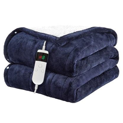 Heated Blanket Electric Throw, 50"x60" Soft Flannel Heating Blanket with 8 Hours Auto Off 10 Fast Heating Levels Machine Washable Sherpa Heated Throw Blanket with Overheating Protection - color: Navy, size: Throw(50" x 60")