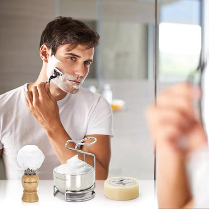 Shaving Brush Kit for Men, 4 in 1 Shaving Brush Set Includes Pure Badger Shaving Brush, Shaving Soap and Stainless Steel Shaving Bowl & Stand for Men’s Barber Shave Gift - color: Wood-A