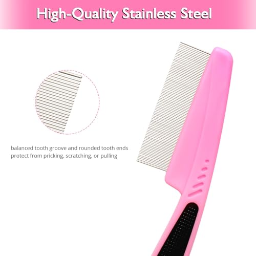 Flea and Lice Comb for Dogs and Cats - Promotes Hair Growth, Removes Loose Hair, Knots, and Flakes - Rubber Handle Brush for Pet Grooming (Pink) - color: Pink