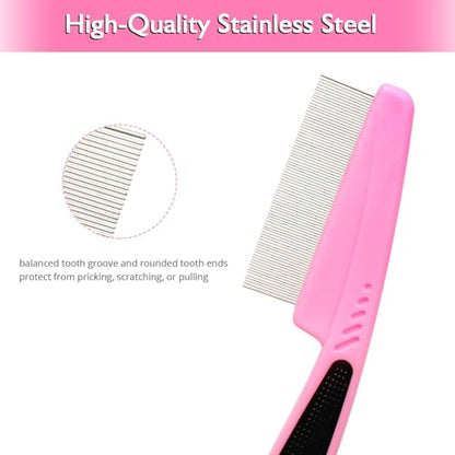Flea and Lice Comb for Dogs and Cats - Promotes Hair Growth, Removes Loose Hair, Knots, and Flakes - Rubber Handle Brush for Pet Grooming (Pink) - color: Pink