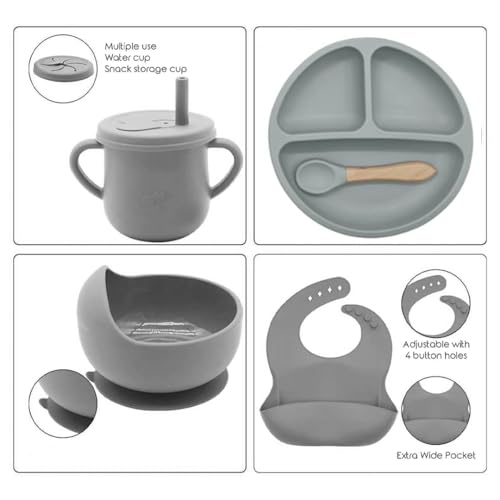 Silicone Baby Feeding Set Moon Gray Infant Tableware Collection with Bib Suction Bowl Utensils Straw Cup Snack Container - color: Moon Gray